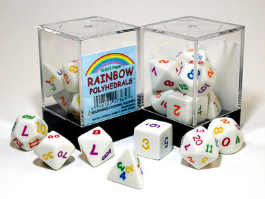 Polyhedral Opaque White w/ Rainbow 7-die set in Plastic box